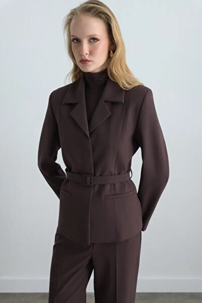 Gusto Beli Kemerli Blazer Ceket - Kahverengi