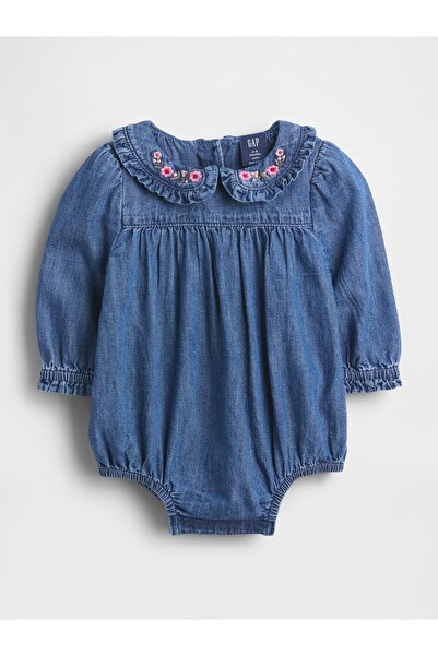 GAP Bebek Koyu Mavi Denim Volan Yaka Balon Bodysuit