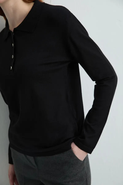 Gusto Polo Neck Buttoned Knit Blouse - Black