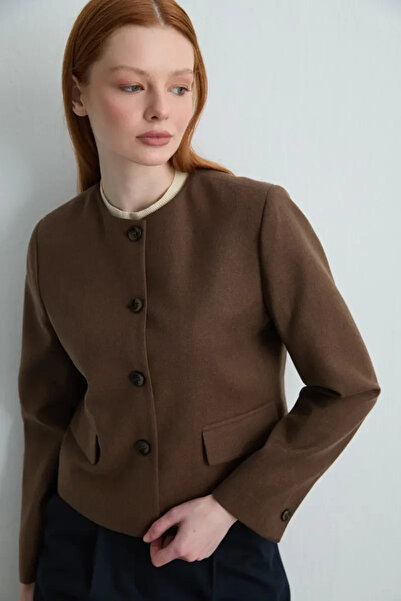 Gusto Collarless Woolen Jacket - Brown