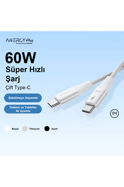 Airbot 60W 1 Metre Type-C’den Type-C’ye,Manyetik Bağlantılı Şarj Kablosu,Veri PD Kablosu,Beyaz CTC60