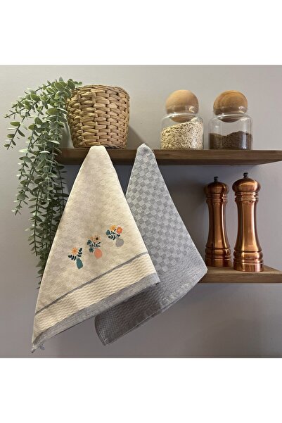 ÖDEL BULDAN Set of 2 kitchen towels, 100% cotton, Odel Buldan Grey Flowers