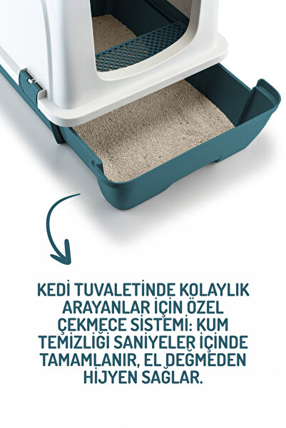 Nandy Kids Büyük Boy Çekmeceli Kedi Tuvaleti – Kapalı, Kolay Temizlik, Koku Önleyici Filtreli