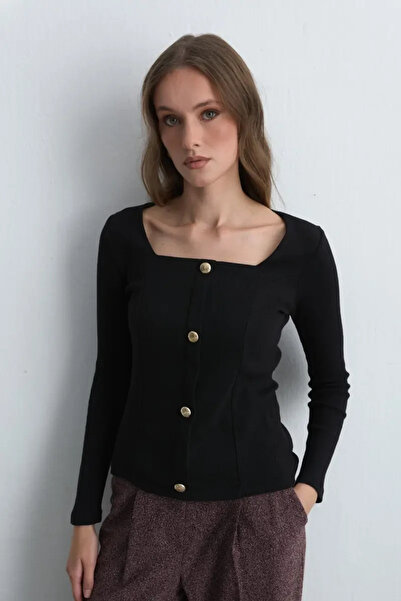 Gusto Square Neck Cotton Knitted Blouse - Black