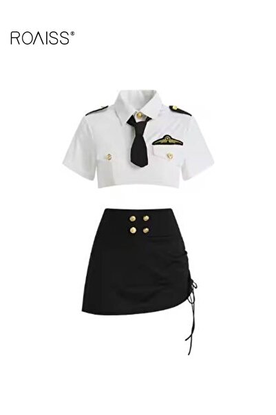 ROAISS 2Pcs Stewardess Police Uniform Lingerie Set for Women Milk Silk Fabric...