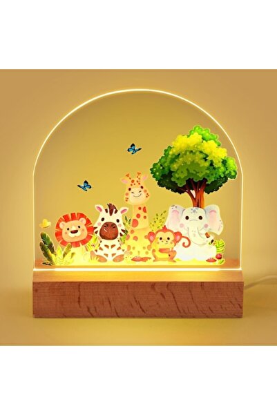 Faithorse Lampa de veghe pentru copii cu baza din lemn, desen animale, lumina calda led, cadou botez, design s