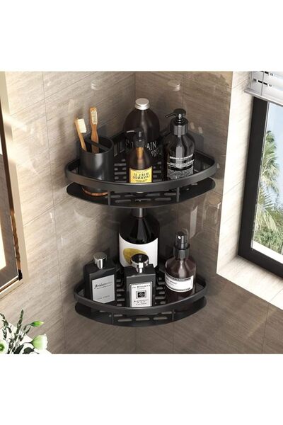 Generic رف دش زاوية كبريتي | رف دش حمام لاصق أسود | مثبت على الحائط بدون حفر