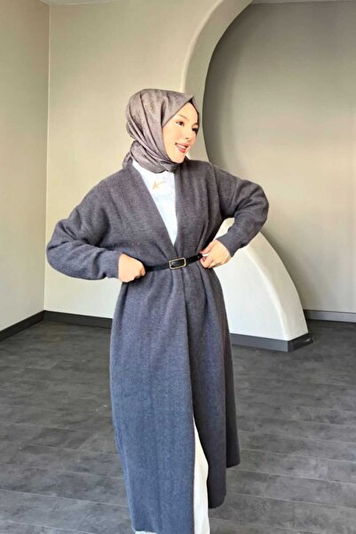 Safgiyim44 Angora Long Belted Cardigan Anthracite Gray