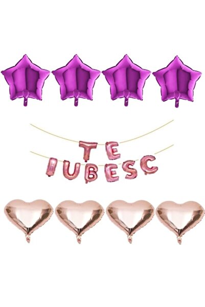 OEM Set of 16 foil balloons 'TE IUBESC' rose gold, rose gold hearts, fuchsia stars