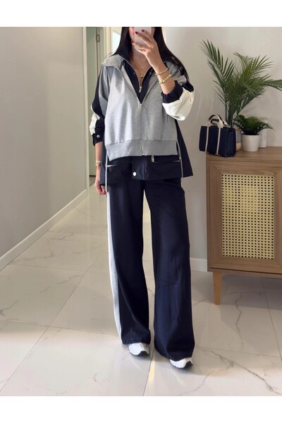 Lavanta Tekstil طقم مكون من قطعتين بتصميم هودي باللون الأزرق الداكن والرمادي