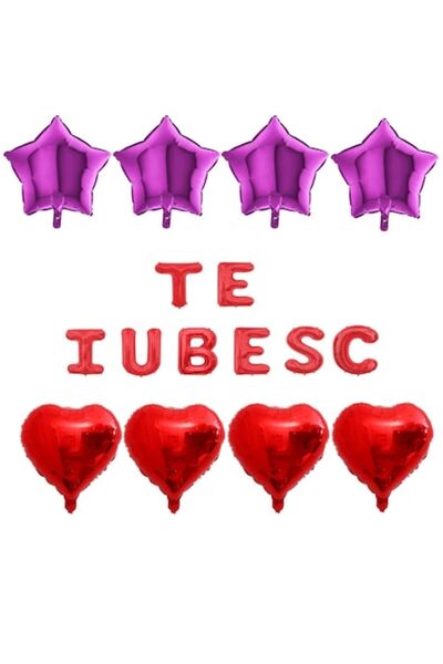 OEM Set de 16 baloane folie „TE IUBESC” roșii, inimioare roșii, stele fuchsia