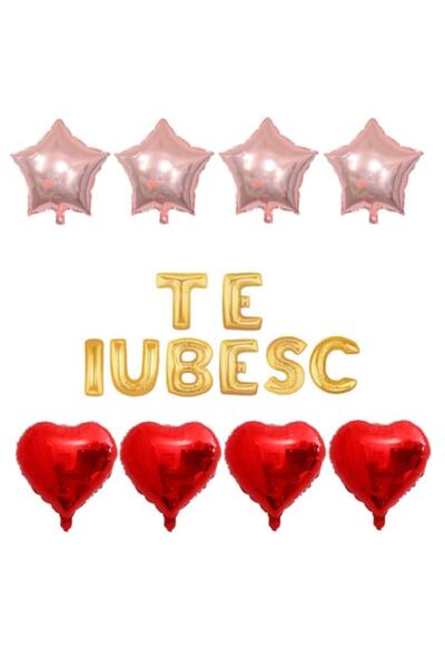 OEM Set of 16 foil balloons 'Te iubesc' gold with red hearts and rose gold stars