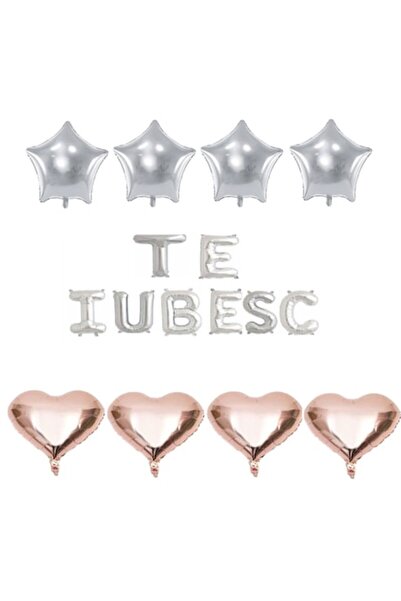 OEM Set de 16 baloane folie "TE IUBESC" argintii cu inimioare aurii roz și st...