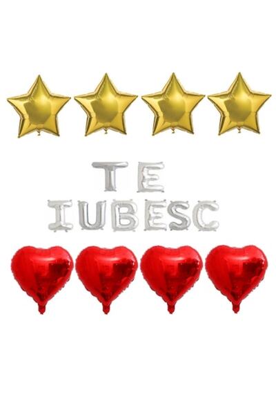 OEM Set de 16 baloane folie „TE IUBESC” argintii, inimioare roșii, stele aurii