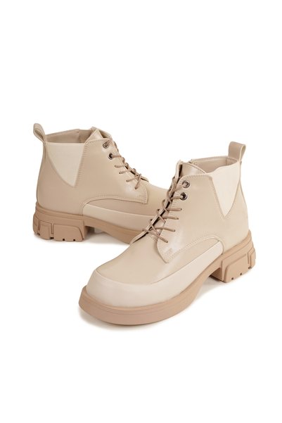 Eray Women's Beige Zippered Lace-Up Short Boots
