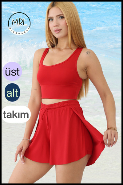 missmaral Women's Red 2-Layer Sports Swimsuit with Shorts Set – Fixed Padded Top, Elastic Waist Shorts with Pockets