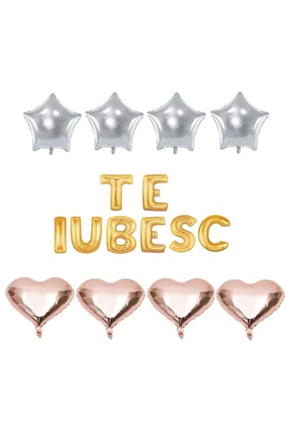 OEM Set de 16 baloane folie „TE IUBESC” aurii cu inimioare aurii roz și stelu...
