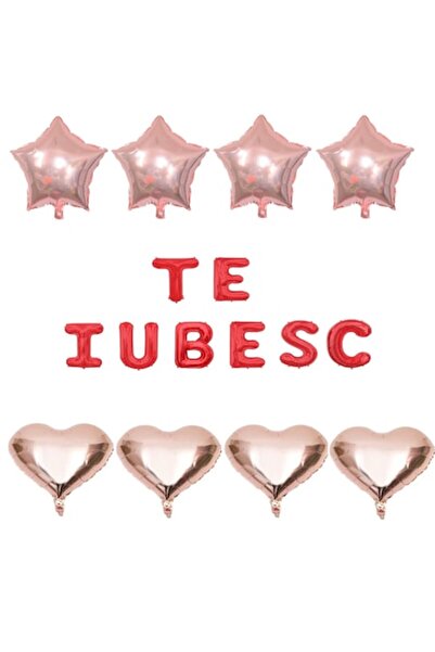 OEM Set of 16 foil balloons 'TE IUBESC' red with rose gold hearts and stars