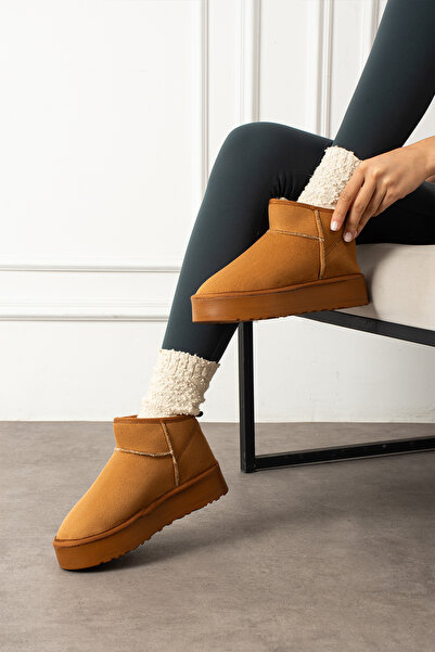 Rebel shoes Kadın Taba Süet İçi Kürklü Yüksek Taban Bilekten Kısa Ug Bot