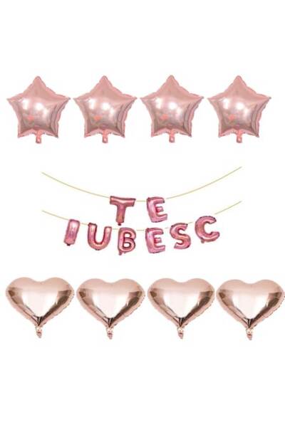 OEM Set de 16 baloane folie „TE IUBESC” auriu roz (inimi și steluțe)