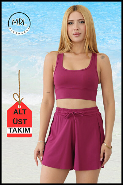 missmaral Kadın Mürdüm İki Katmanlı Spor Mayo Takım – Sabit Pedli Üst, Cepli Beli Lastikli Şort