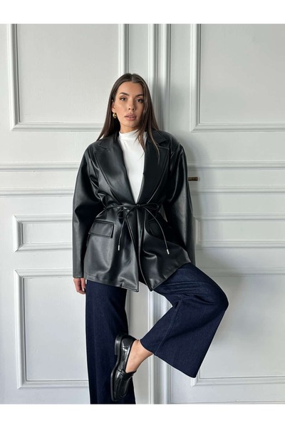 mydukkan.co سترة جلدية مربوطة الخصر