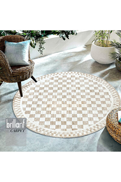 Brillant Bej Renk Mackenzie Stili Damalı Lateks Taban Mutfak Halı