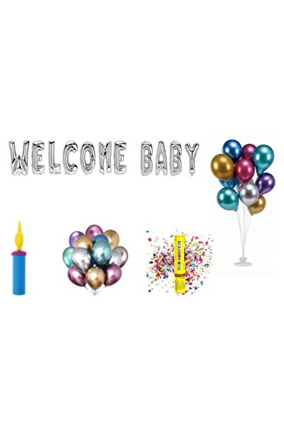 OEM Set Baloane Welcome Baby , cake topper , 72 Buc , Argintiu
