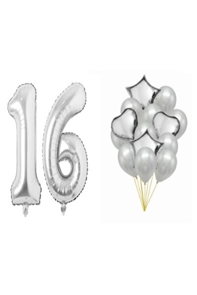 OEM Set de 16 baloane argintii – aniversare 16 ani, număr 98 cm, stele și ini...