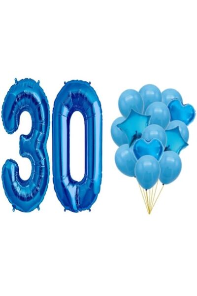 OEM Set de 16 baloane albastre – aniversare de 30 de ani, număr 101 cm, stelu...