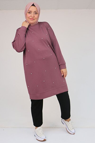 Eslina 58157 Plus Size Beyoğlu Stone Embellished Modal Tunic - Dusty Rose