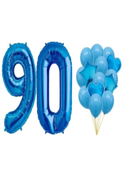OEM Set de 16 baloane albastre, aniversare 90 de ani, număr 101 cm, steluțe 4...