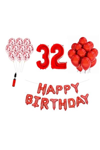 OEM Set 36 baloane, Happy Birthday aniversare 32 ani, cifre folie 100 cm, rosu