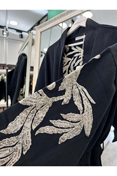 MERAM BUTİK Dna Embroidered Kimono Cotton Gabardine - Black - (Size 40-46 Compatible)