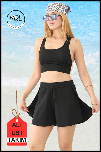 missmaral Women's Black Two-Layer Sports Swimsuit Set – Fixed Pad Top, Elastic Waist Shorts with Pockets