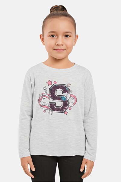 Sinsay Kids Girl Unicorn Embellished Long Sleeve Top, Light Grey