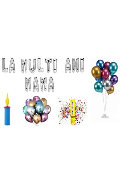 OEM Balloon Set 'Happy Birthday Mom', Cake Topper Gift, 75 pcs, Silver