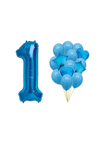 OEM Комплект от 15 сини балона, 1-ви рожден ден, 98 см число, 45 см звезди, 4...