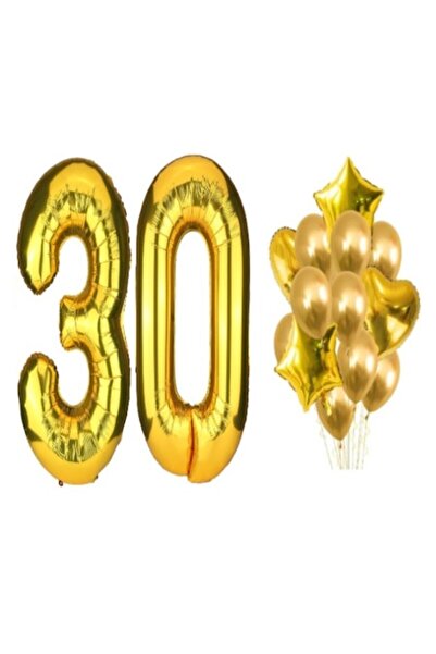 OEM Set 16 baloane aurii - aniversare 30 de ani (cifră 98 cm, stele 45 cm, in...
