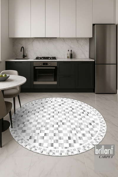 Brillant Gri Renk Mackenzie Stili Damalı Lateks Taban Mutfak Halı