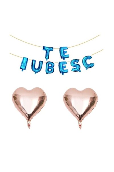 OEM Set de 10 baloane folie "TE IUBESC" albastre, ESB, inimioare aurii roz