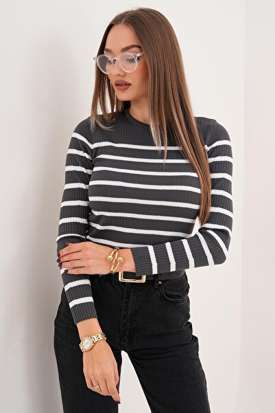 ŞİMAL Women's Stripe Patterned Crew Neck Sweater 255098 -