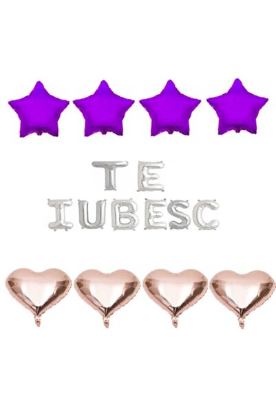 OEM Set de 16 baloane folie „TE IUBESC” argintii, inimioare aurii roz, stele mov