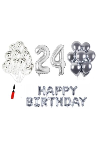 OEM Set baloane, 36 piese, La mulți ani, 24 de ani, numere folie 101 cm, argi...