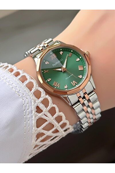 Ferrucci Milano Yuvarlak Yeşil Kadran Rose Gold Gümüş Metal Kordon Kadın Kol Saati
