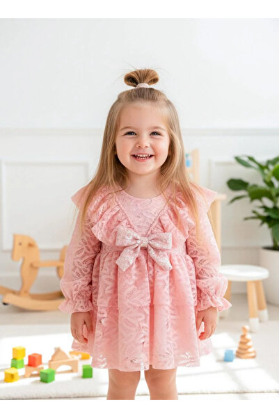 aysskids LOLA Kız Bebek Pembe Dantel Detaylı Uzun Kollu Özel Gün Bayramlık Abiye Elbise