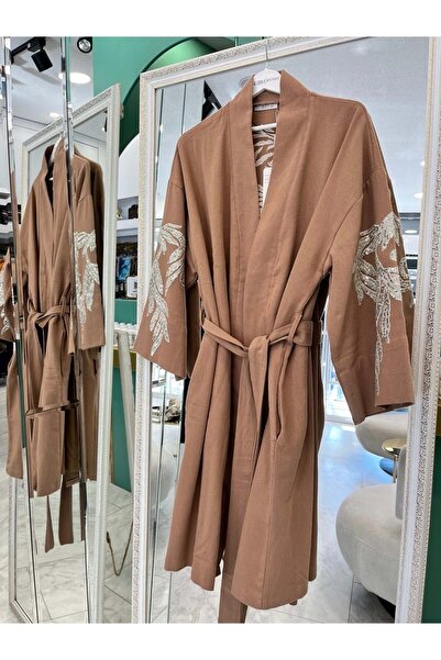 MERAM BUTİK DNA Embroidered Kimono Cotton Gabardine - Dark Camel - (Compatible with Size 40-46)
