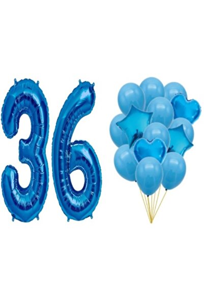 OEM Set de 16 baloane albastre - aniversare 36 de ani, număr 100 cm, stele 45...