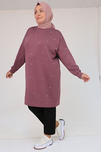 Eslina 58157 Plus Size Beyoğlu Stone Embellished Modal Tunic - Dusty Rose