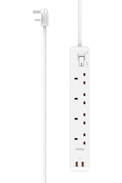 Hama D3223852 4-Way 2X USB-A 12W UK Plug Power Strip, 3 Meter Length, White